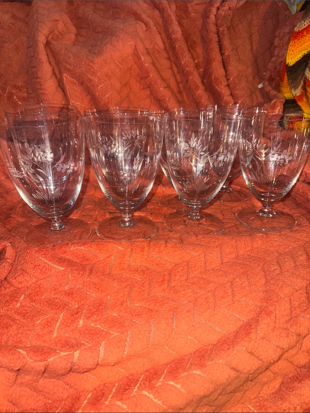 Rare Vintage Set of 8 Etched Crystal Floral & Berry Stemmed Goblets / Wine Glass